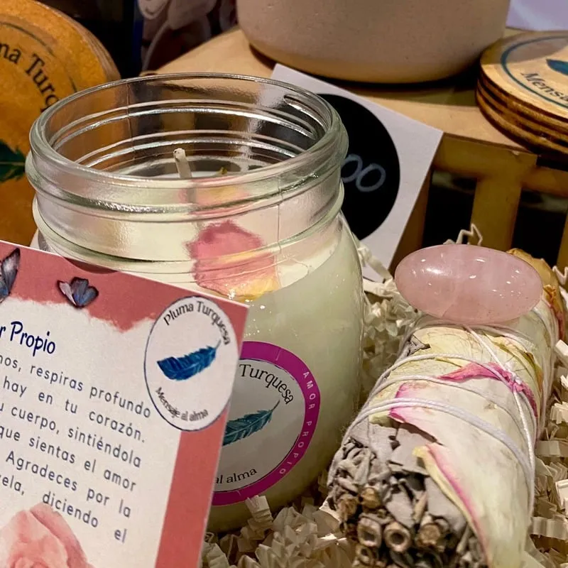 Kit de cuatro elementos con vela, cuarzo y salvia