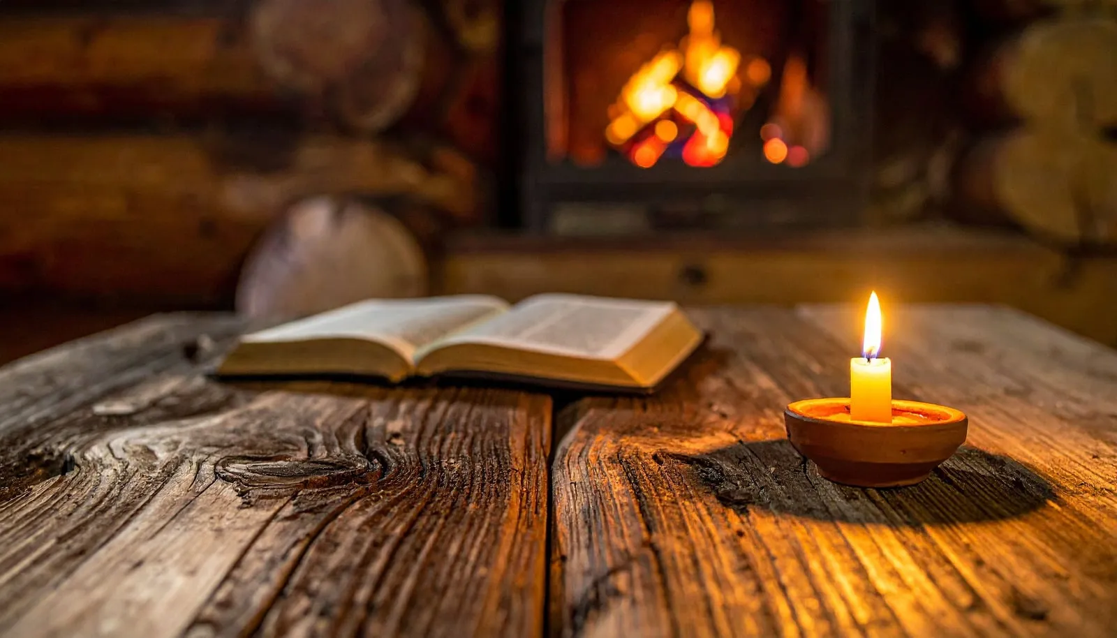 Libro abierto y una vela frente a una chimenea