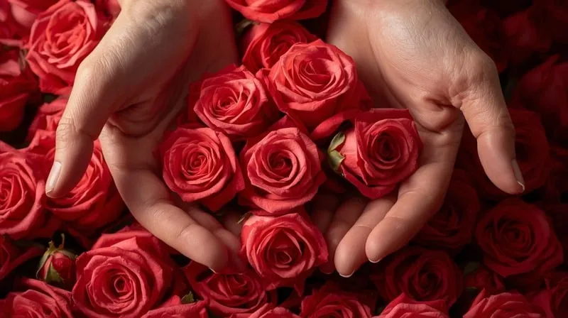 Manos sosteniendo rosas rojas