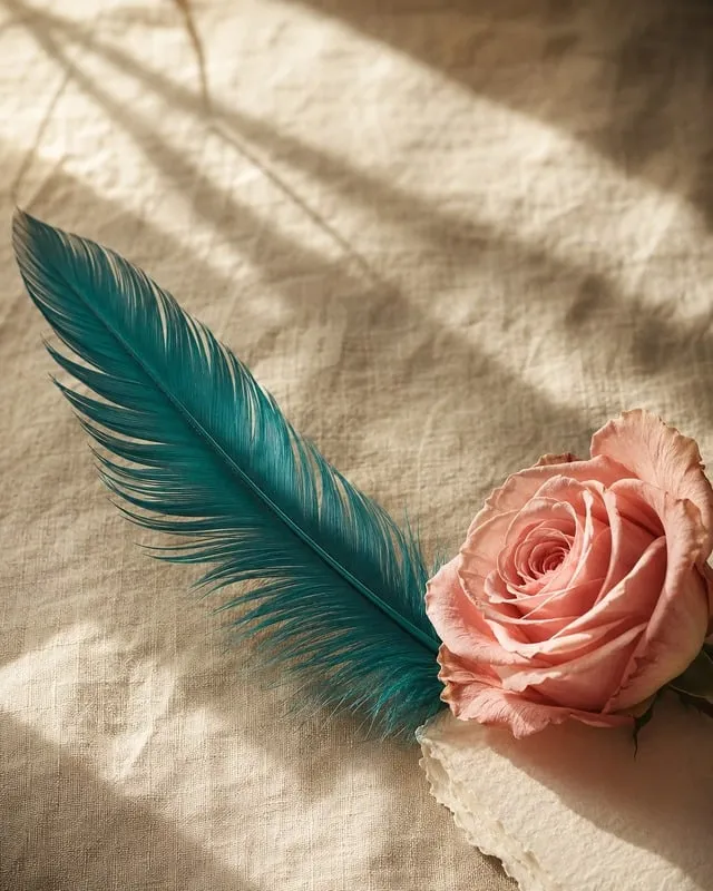 Pluma turquesa y una rosa sobre lino