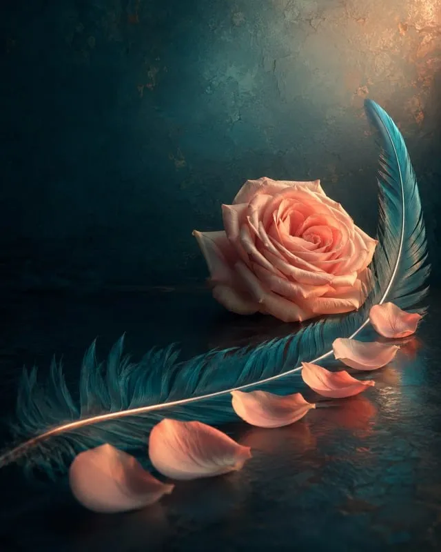 Rosa y pluma sobre fondo oscuro con pétalos