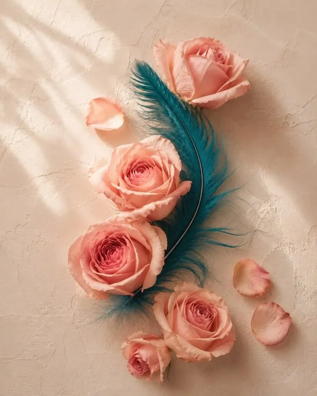 Rosas color durazno y una pluma turquesa